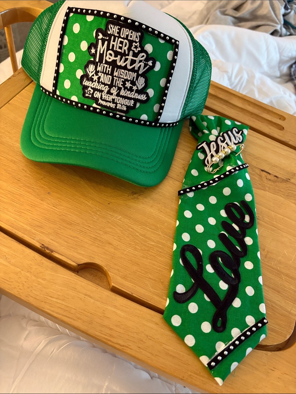 Green Polka Dot adult Trucker Hat with Matching tie- Love Design